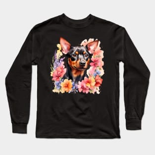 A miniature pinscher decorated with beautiful watercolor flowers Long Sleeve T-Shirt